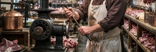 An AI image depicting a butcher in the 1800s using old fashioned meat machinery